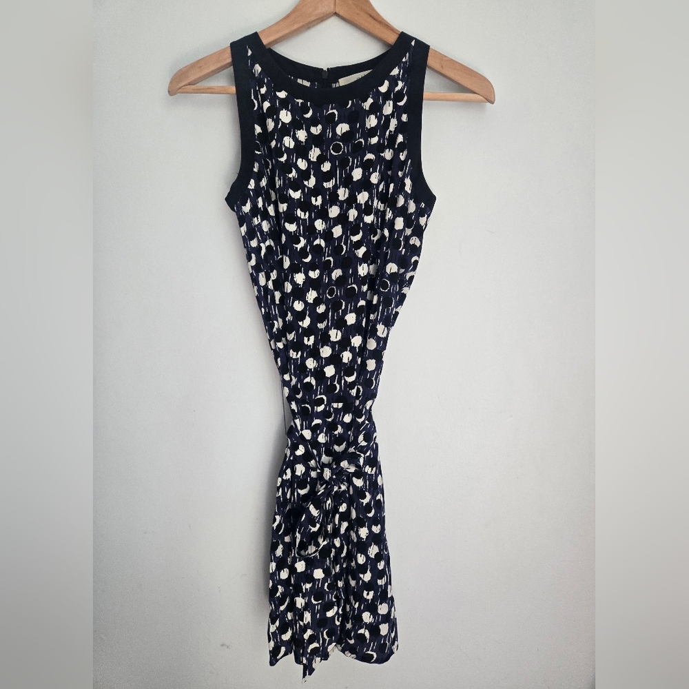VANESSA BRUNO Dark Blue, Black And White Belted Silk Sleeveless Designer Dress